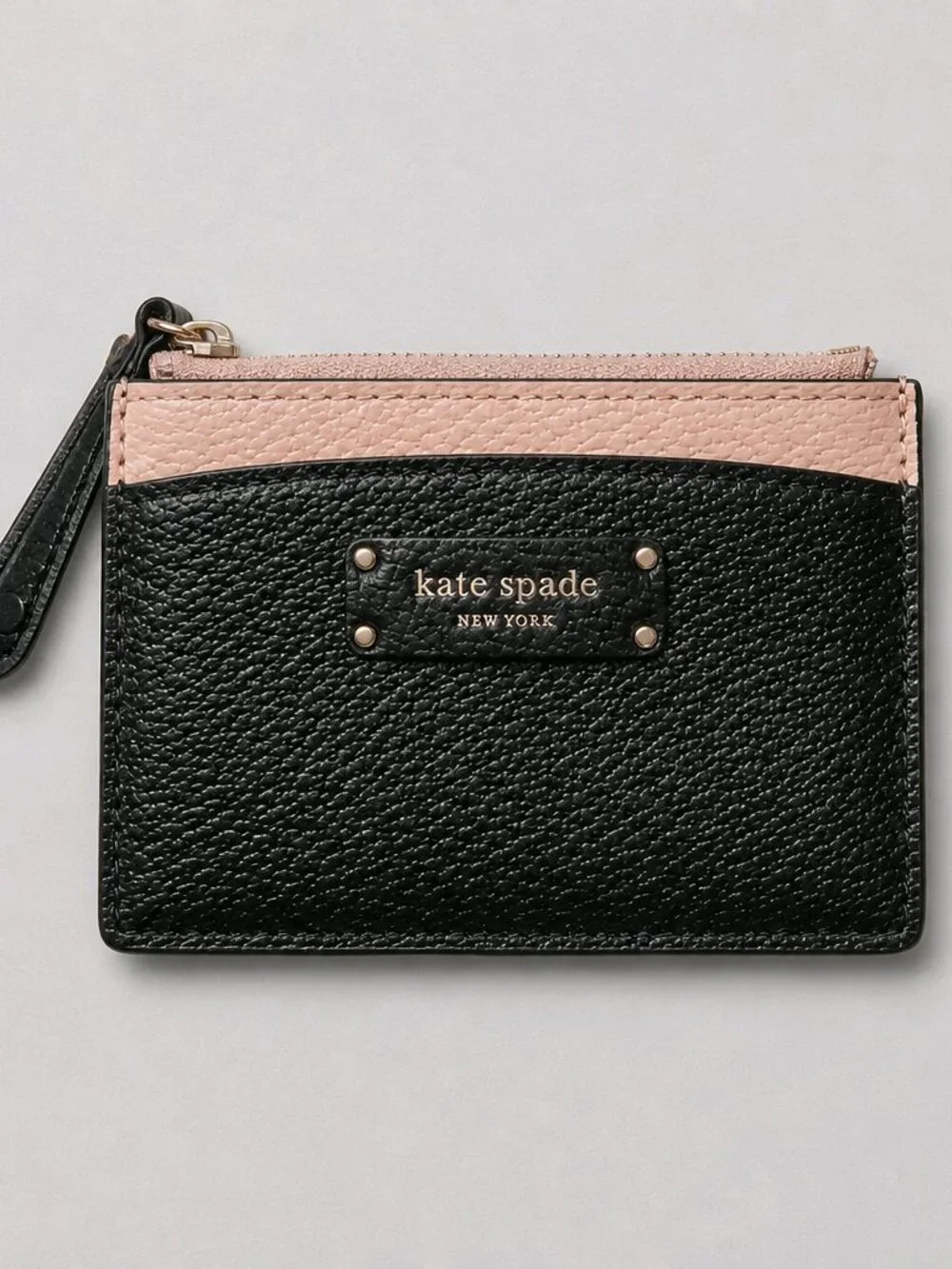 kate spade card holder black and light pink leather wristlet coin pouch